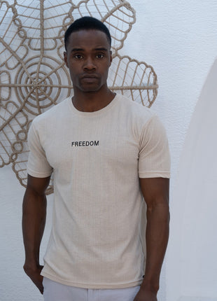 T-Shirt "FREEDOM" en Coton Texturé Beige