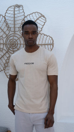 T-Shirt "FREEDOM" en Coton Texturé Beige