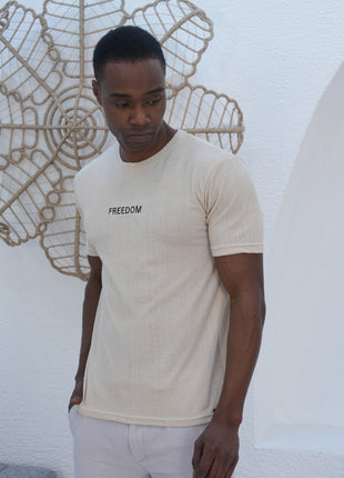 T-Shirt "FREEDOM" en Coton Texturé Beige