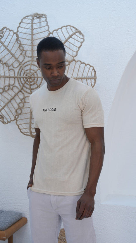 T-Shirt "FREEDOM" en Coton Texturé Beige