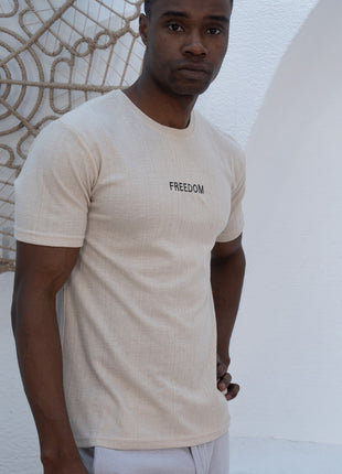 T-Shirt "FREEDOM" en Coton Texturé Beige