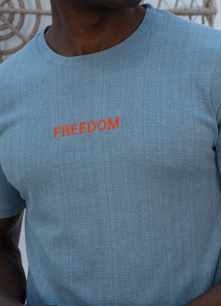 T-Shirt "FREEDOM" en Coton Texturé Bleu