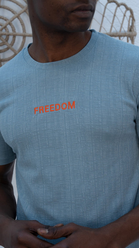 T-Shirt "FREEDOM" en Coton Texturé Bleu