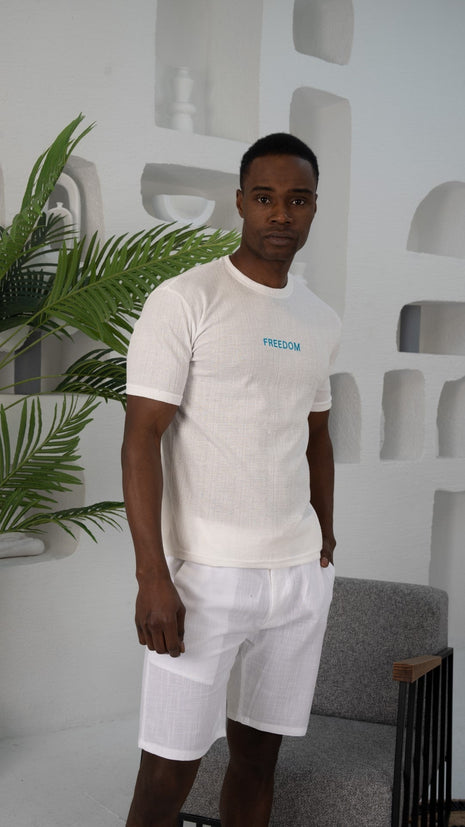 T-Shirt "FREEDOM" en Coton Texturé Blanc