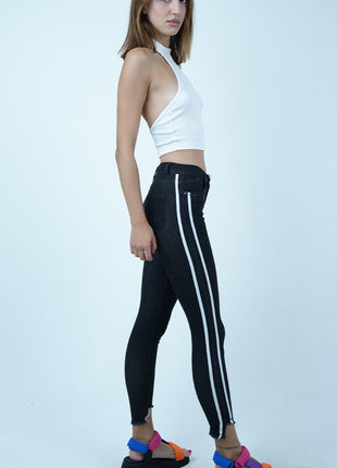 Jeans Sport-Chic à Bandes Blanches