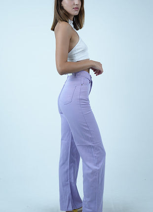 Pantalon Denim Large Taille Haute Lilas