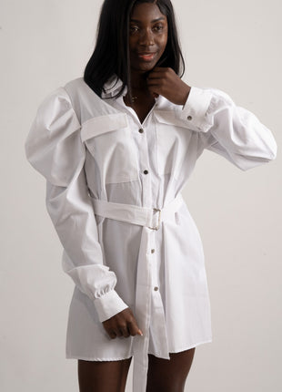 Robe Chemise Blanche Structurée avec Ceinture