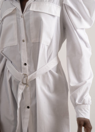 Robe Chemise Blanche Structurée avec Ceinture