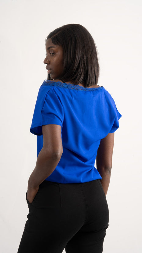 Blouse Chic Bleu Cobalt avec Dentelle Délicate