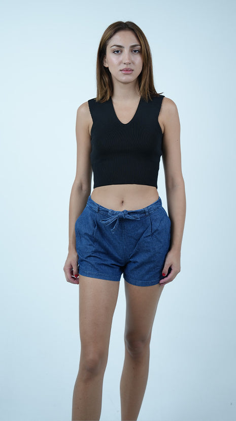 Short Élégant avec Ceinture-Bleu Fonce