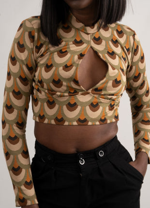 Crop Top Échancré Motif Paon