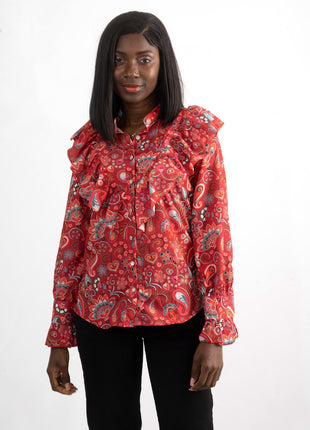 Chemise Rouge Bohème à Motif Paisley