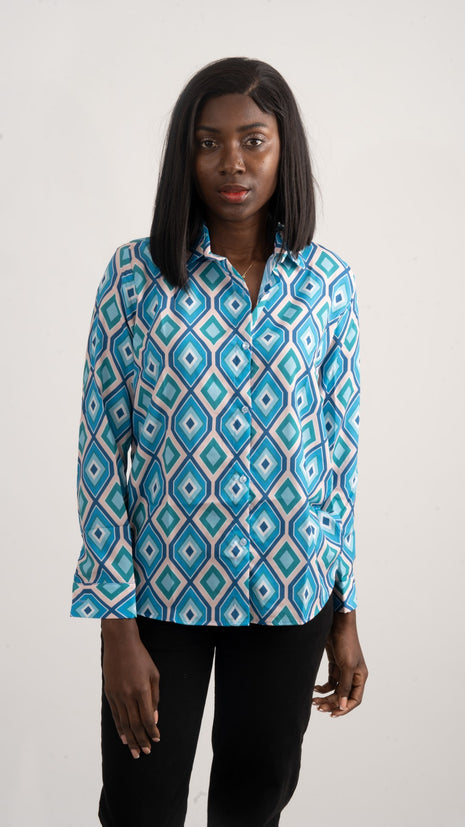 Chemise Élégante à Motif Géométrique Turquoise