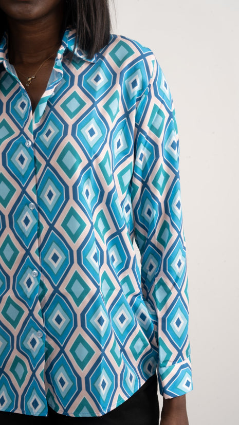 Chemise Élégante à Motif Géométrique Turquoise