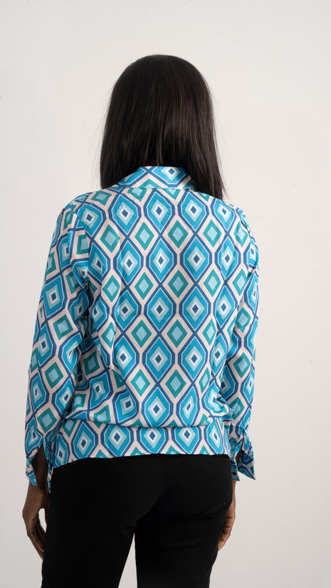 Chemise Élégante à Motif Géométrique Turquoise