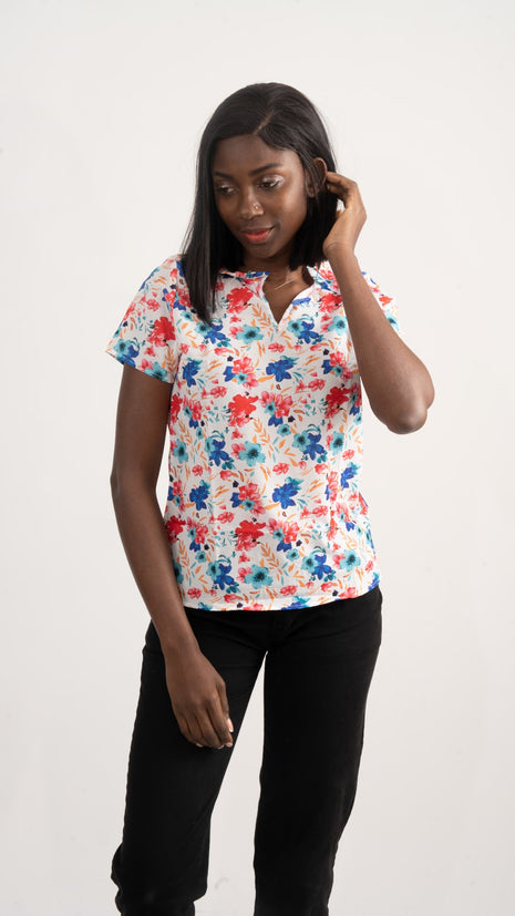 Blouse Floral à Manches Courtes