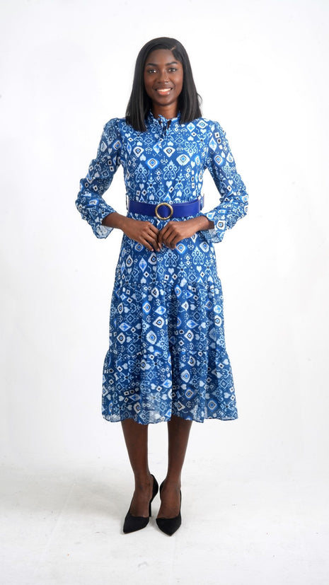 Robe Midi Imprimée Bleue avec Ceinture