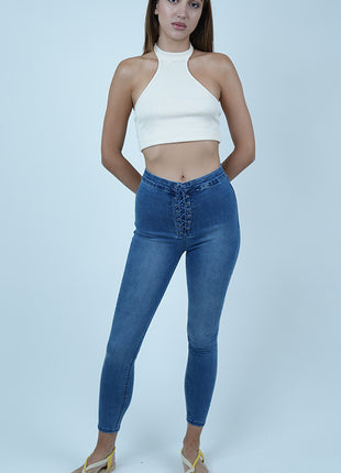 Jeans Skinny Lacé à Taille Haute