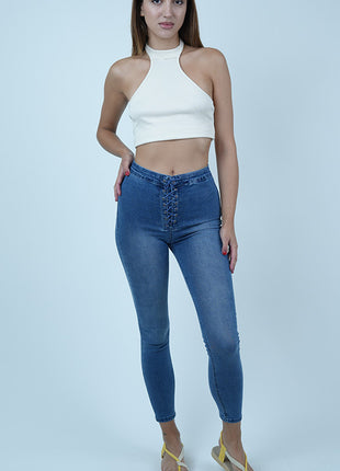 Jeans Skinny Lacé à Taille Haute