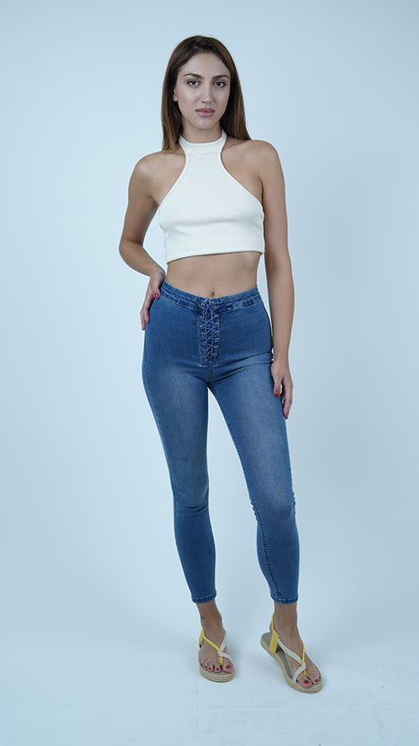 Jeans Skinny Lacé à Taille Haute