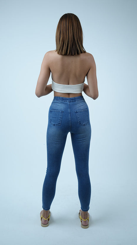 Jeans Skinny Lacé à Taille Haute