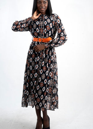 Robe Midi Imprimée avec Ceinture Orange