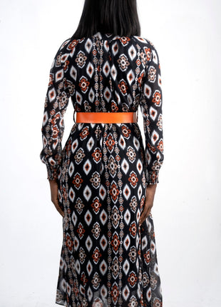 Robe Midi Imprimée avec Ceinture Orange