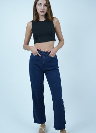 Pantalon Denim Large Taille Haute Bleu