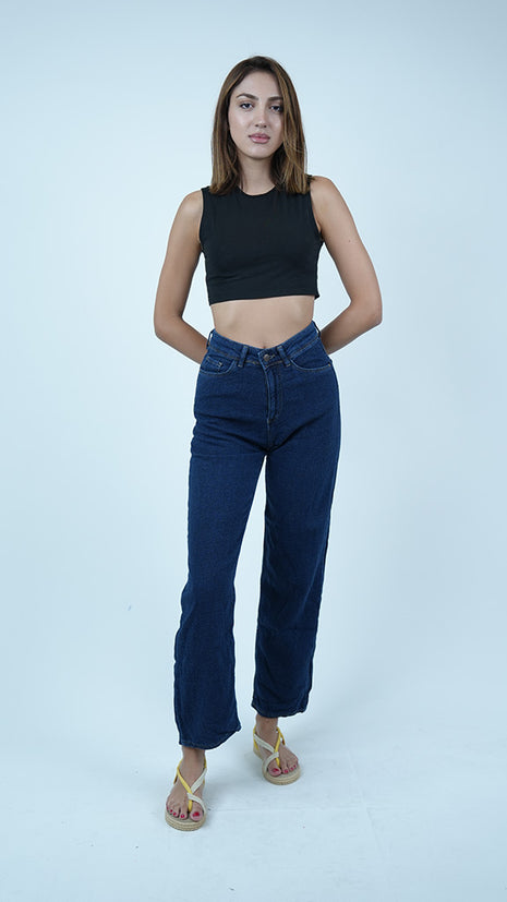 Pantalon Denim Large Taille Haute Bleu