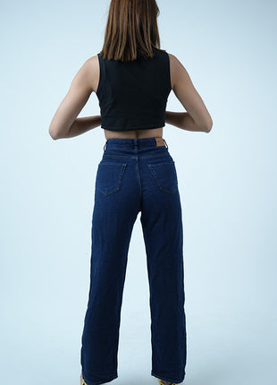 Pantalon Denim Large Taille Haute Bleu