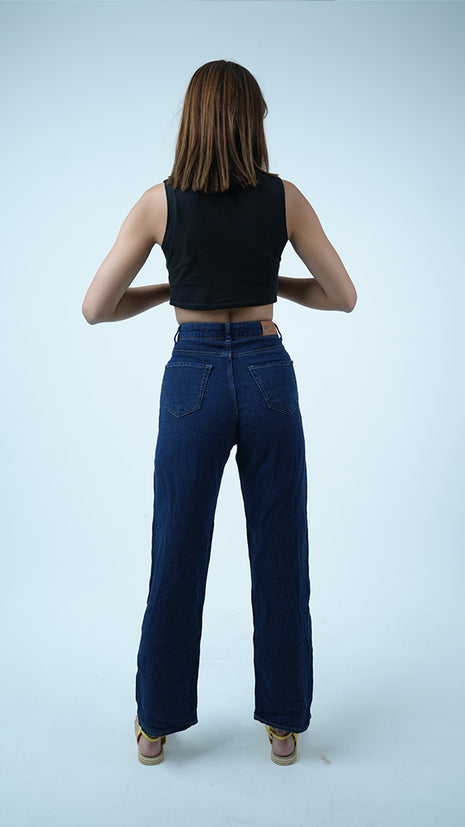 Pantalon Denim Large Taille Haute Bleu