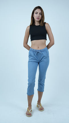 Pantalon Capri en Chambray-Bleu