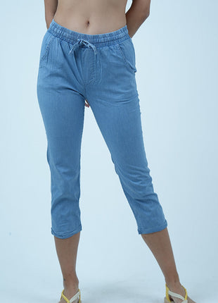 Pantalon Capri en Chambray-Bleu