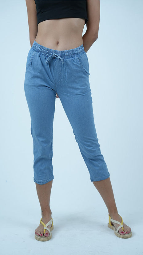 Pantalon Capri en Chambray-Bleu