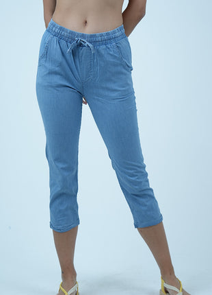 Pantalon Capri en Chambray-Bleu