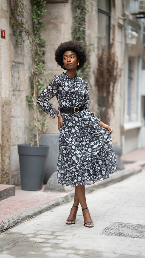 Robe Midi Imprimée avec Ceinture Noire