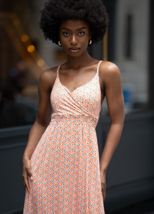 Robe Orange Longue à Bretelles 'Imprimé Géométrique Moderne'