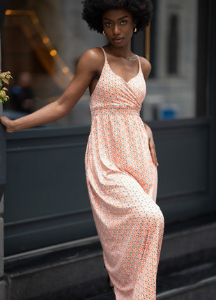 Robe Orange Longue à Bretelles 'Imprimé Géométrique Moderne'