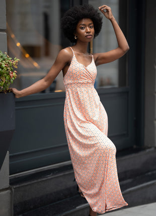 Robe Orange Longue à Bretelles 'Imprimé Géométrique Moderne'