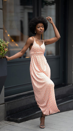 Robe Orange Longue à Bretelles 'Imprimé Géométrique Moderne'