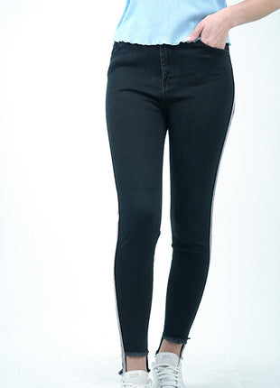 Jeans Skinny à Bande Latérale-Noir