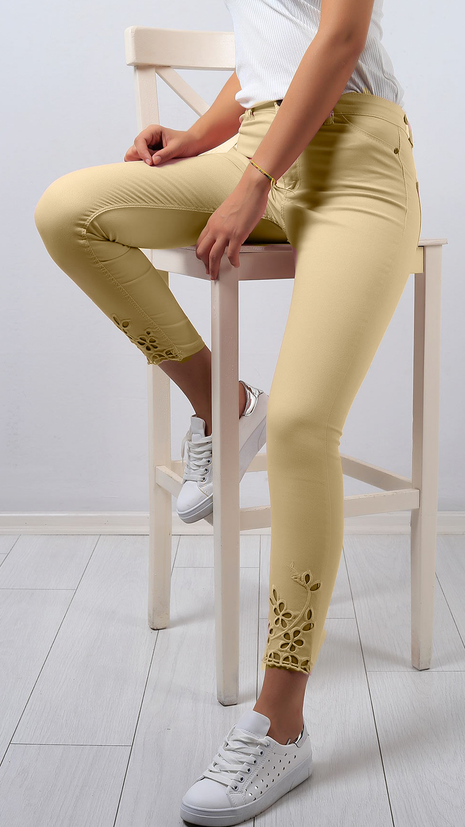 Pantalon Slim Brodé-Crème