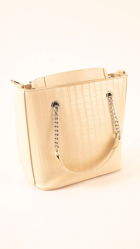 Élégant Sac à Main Beige Texture Croco