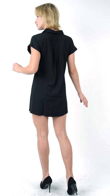 Robe Chemisier Courte Noire avec Ceinture à Nouer