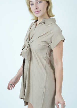 Robe Chemisier Courte Beige avec Ceinture à Nouer