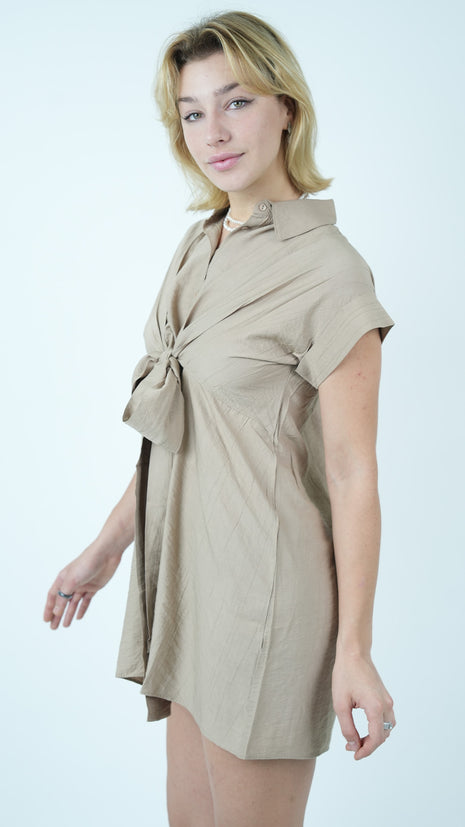 Robe Chemisier Courte Beige avec Ceinture à Nouer