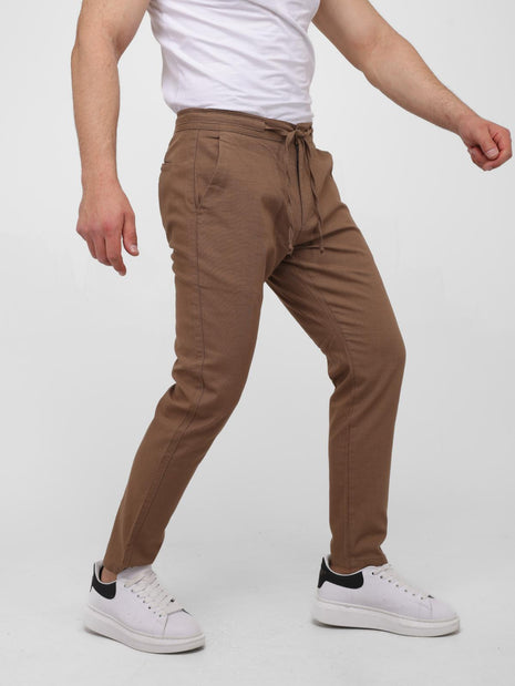 Pantalon En Lin Marron à Lacets