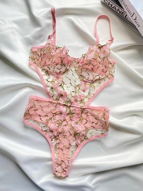 Body en Dentelle Rose Brodé de Fleurs