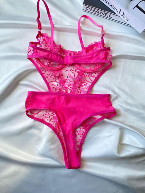 Body en Dentelle Rose Fuchsia Brodée