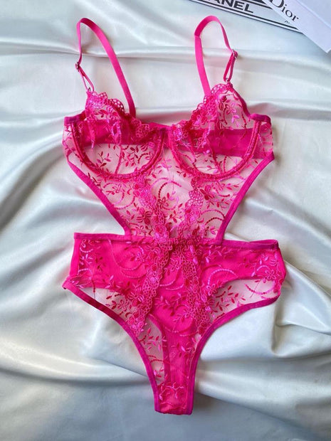 Body en Dentelle Rose Fuchsia Brodée